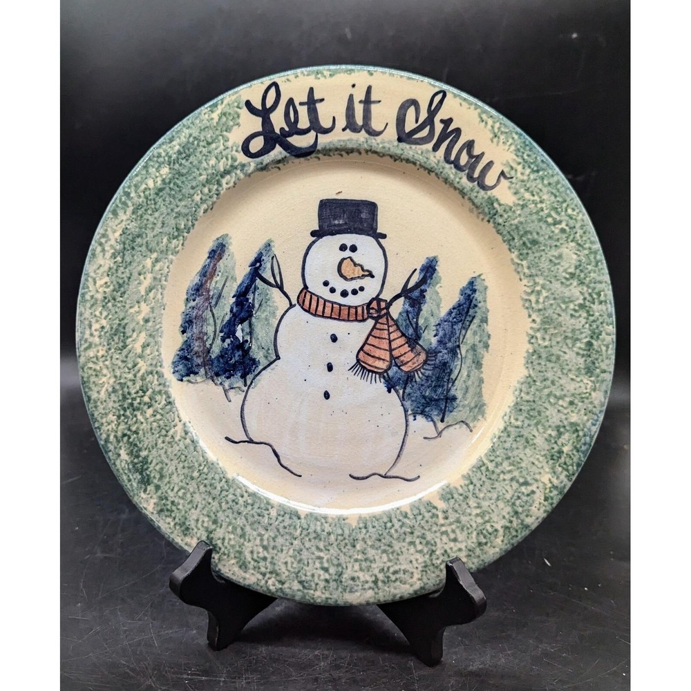 Vintage Studio Art Pottery Christmas Snowman Let It‎ Snow Plate Signed